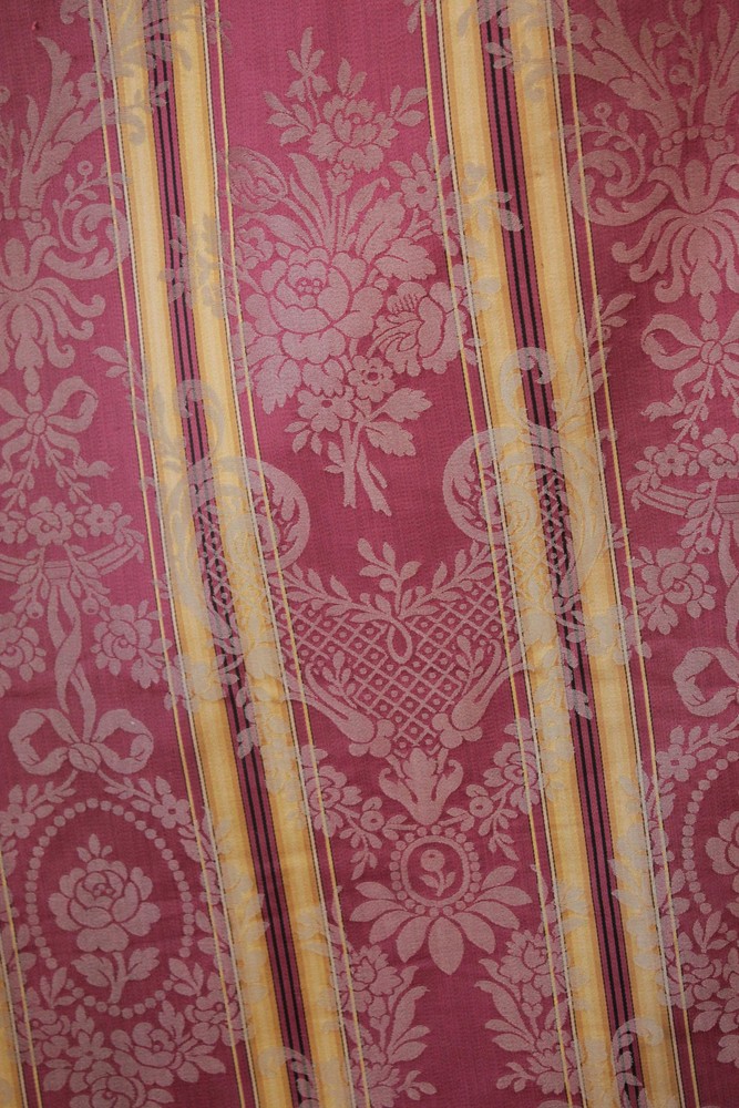 Antique Curtain French Silk Damask dark rose pink & gold 19th century textile w