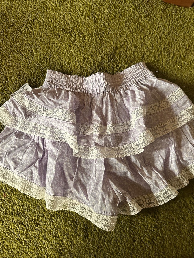 Lavender Lace Ruffle Mini Skirt Cotton Floral Layered Elastic Waist Women
