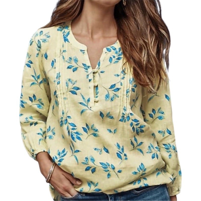 J Jill Love Linen Floral Blouse Small Yellow Blue Coastal Cottagecore Boho Top