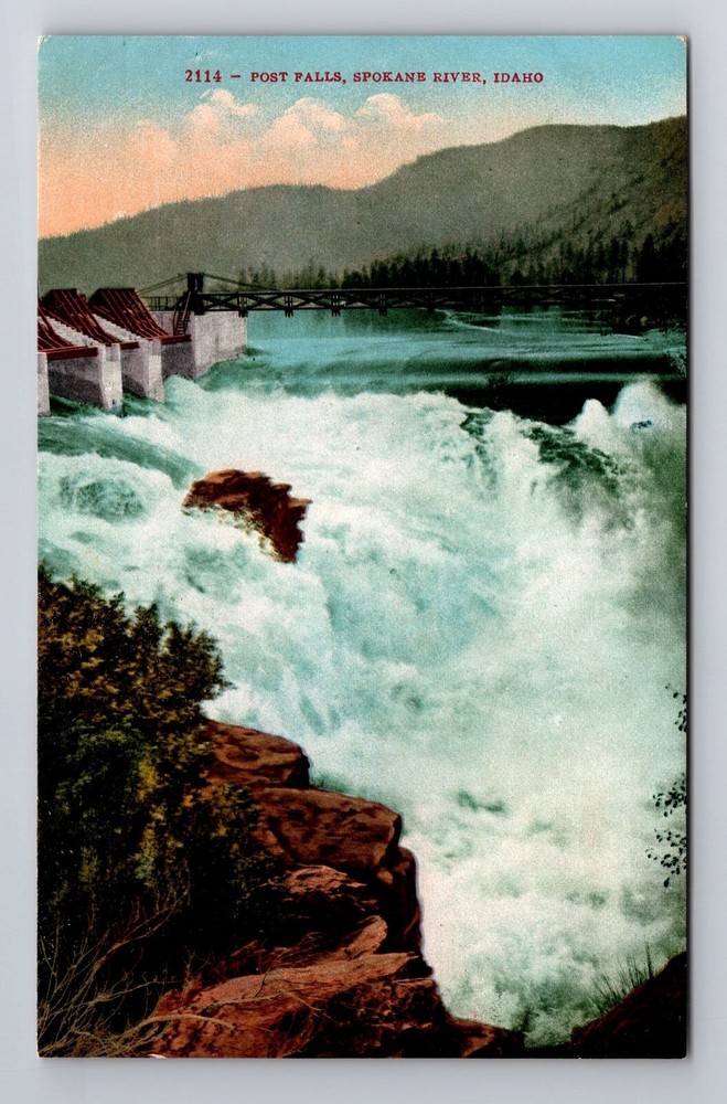 Post Falls ID-Idaho, Spokane River, Antique Vintage Souvenir Postcard