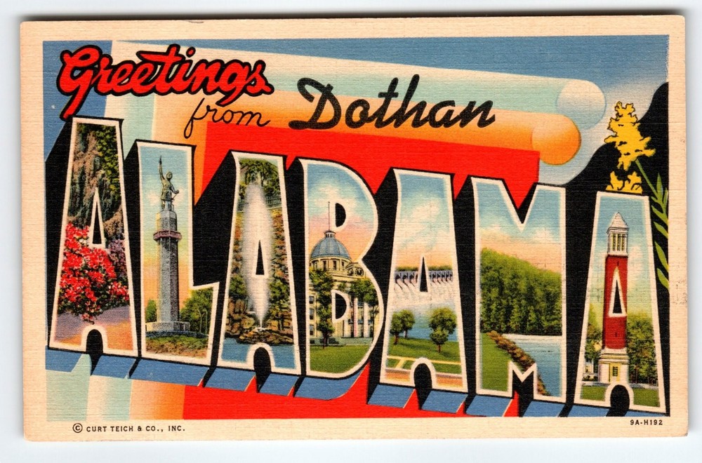 Vintage Linen 'Greetings from Dothan Alabama' Curt Teich Large Letter Postcard