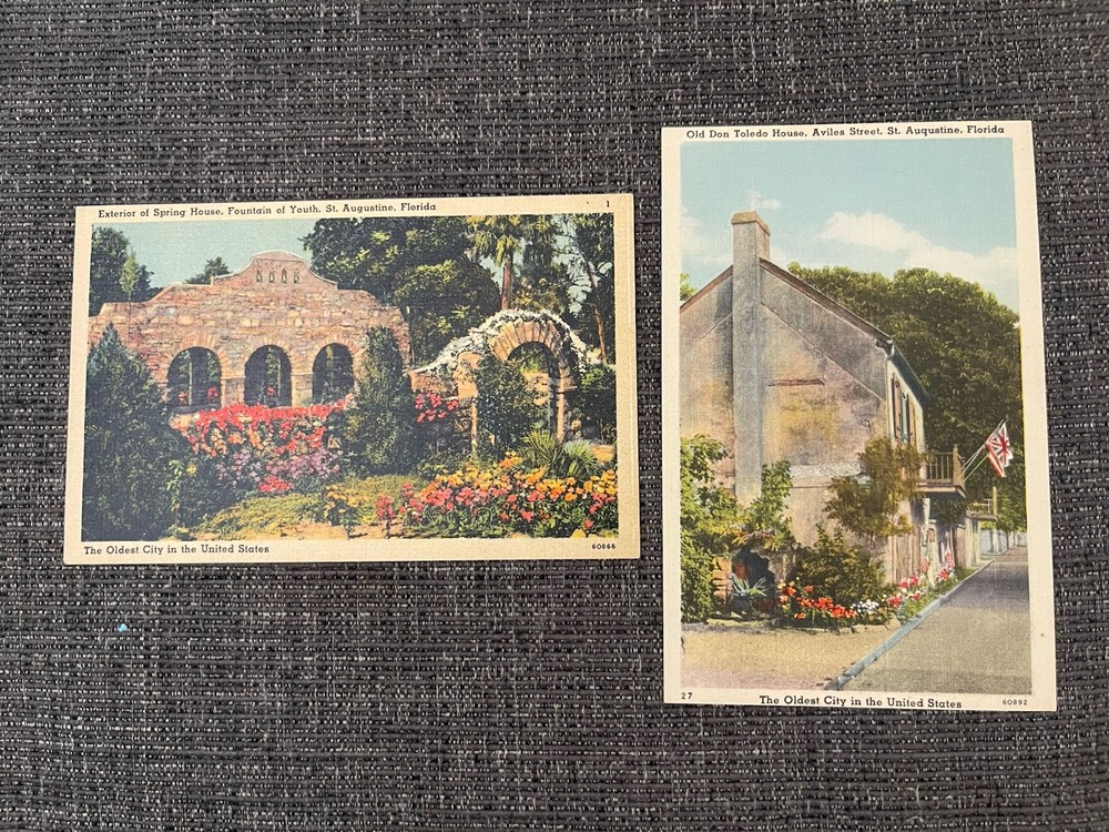 Linen Postcards St. Augustine, FL~Fountain Of Youth Spring House & Old Aviles St