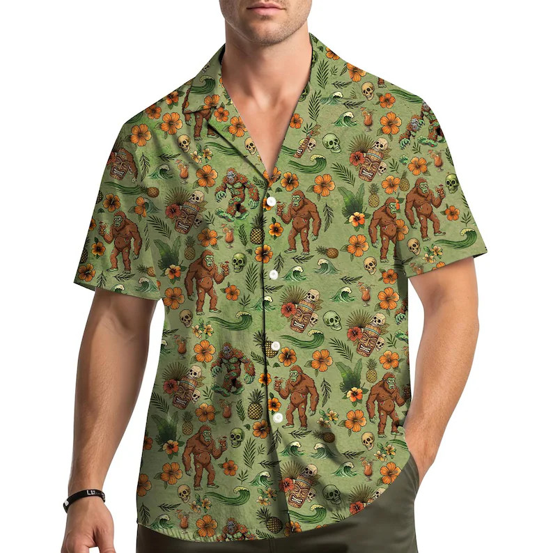 Tropical Bigfoot Tiki Hawaiian Shirt Men Aloha Beach Vacation Gift
