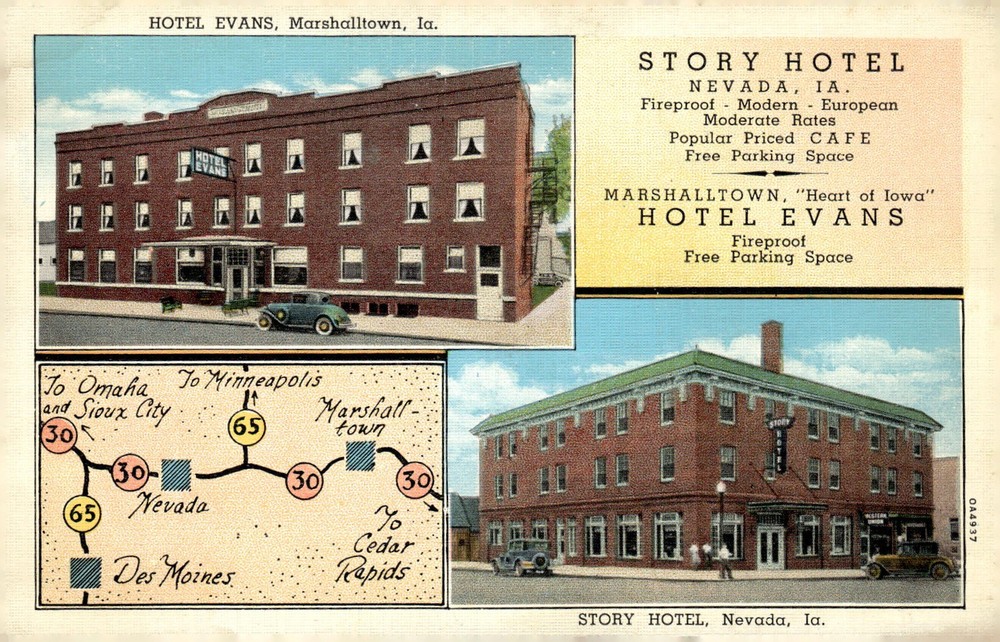 1940s Hotel Evans Marshalltown Story Hotel Nevada Iowa Linen Multi-view Postcard