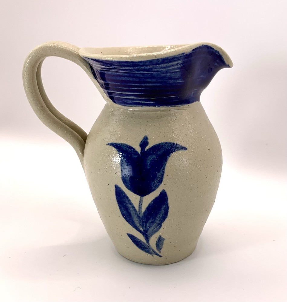 Williamsburg Pottery Salt Glaze Stoneware Cobalt Blue Flower Pitcher Jug Creamer