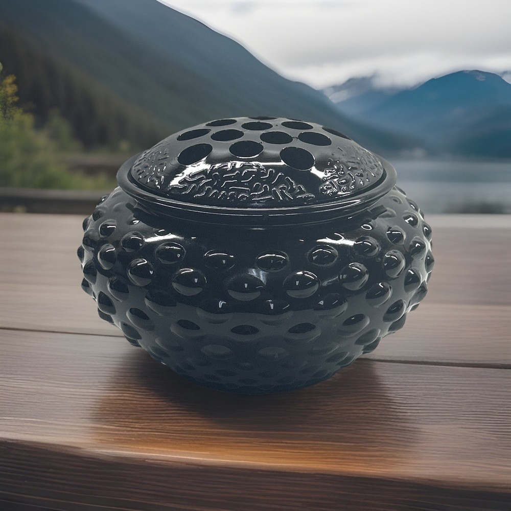 Vintage L.E. Smith Black Amethyst Glass Hobnail Flower Frog Vase