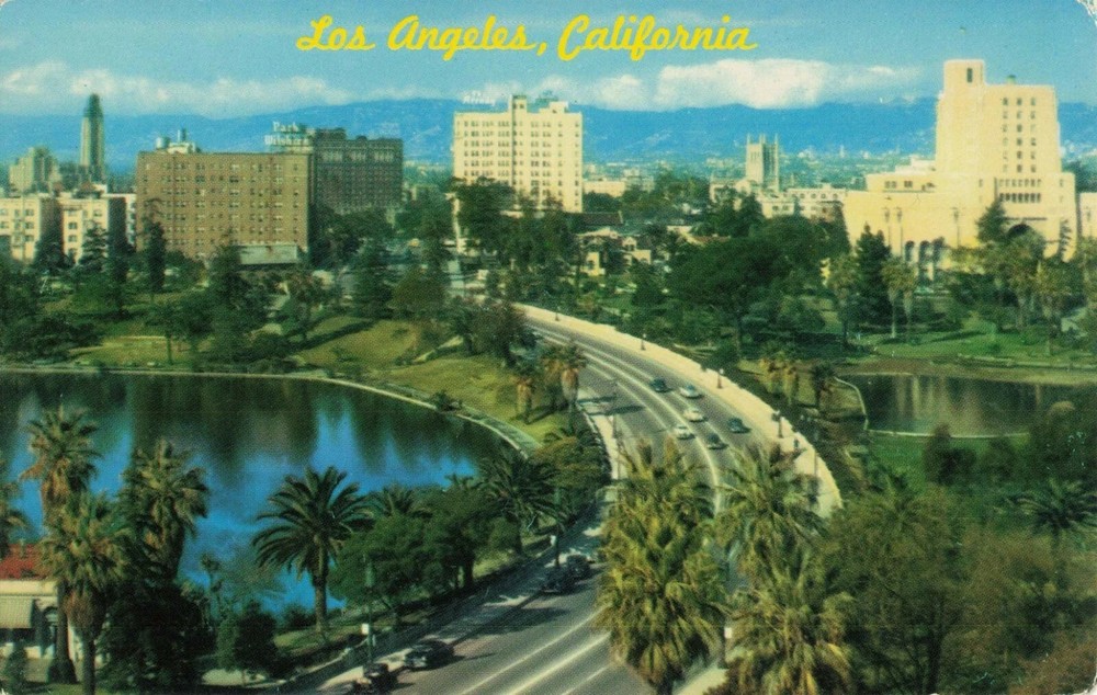 Wilshire Boulevard through MacArthur Park - Los Angeles California CA - Postcard