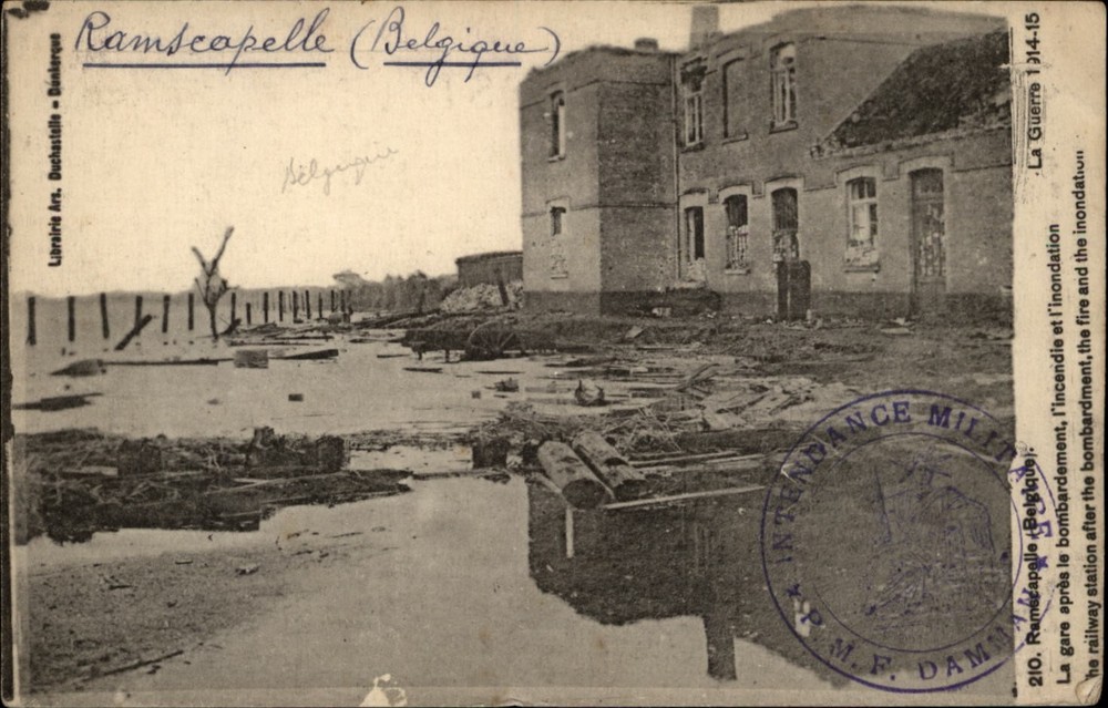 Ramscappelle Belgium Railway Station vintage postcard WWI damage b425