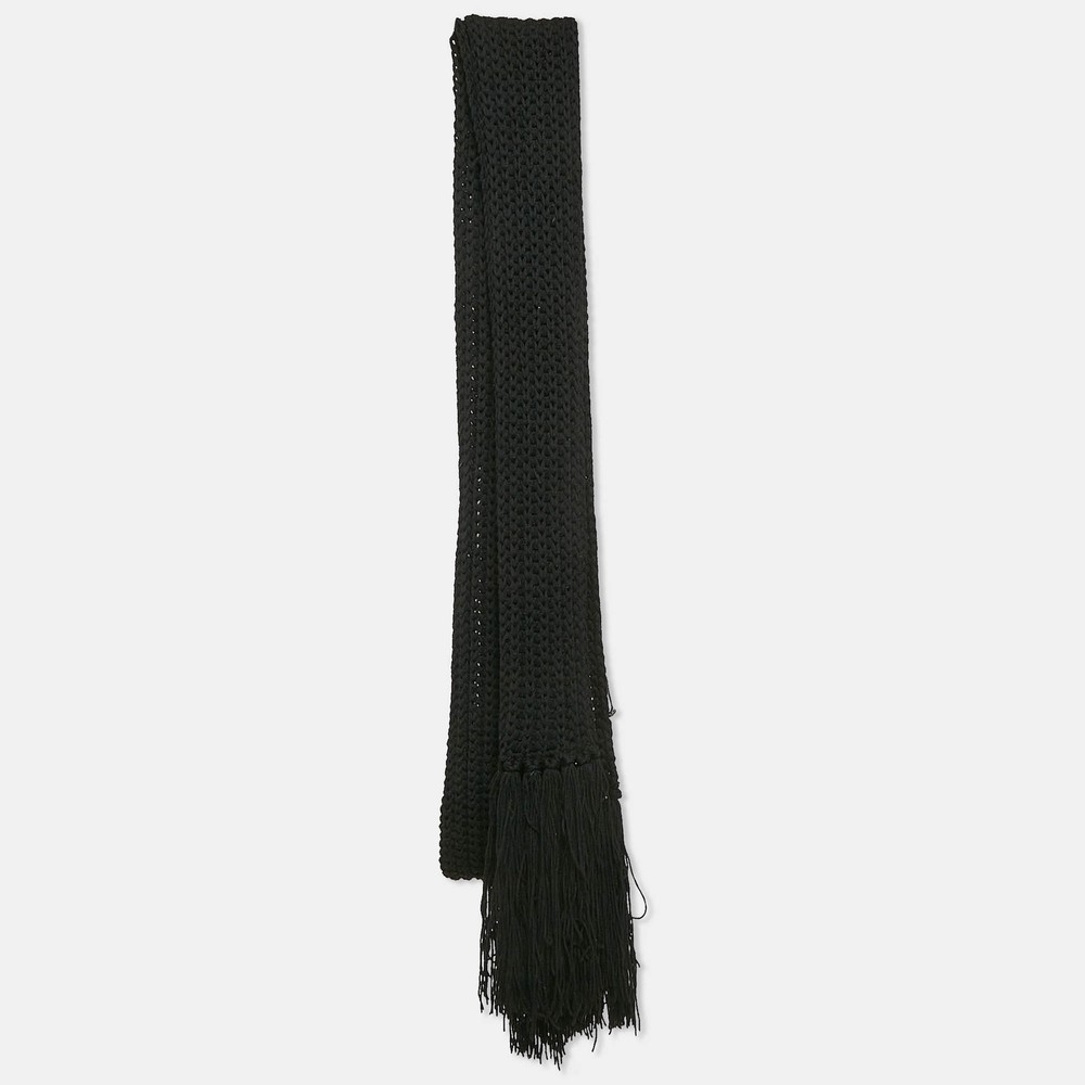 Dolce & Gabbana Black Crochet Rib Knit Fringed Shawl Wrap