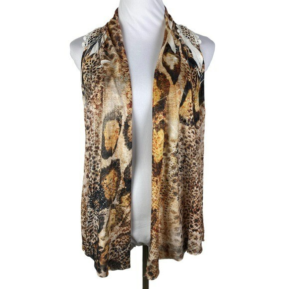 B.L.E.U. Women's XL Brown Rhinestone Animal Print Open Cardigan with Lace Back
