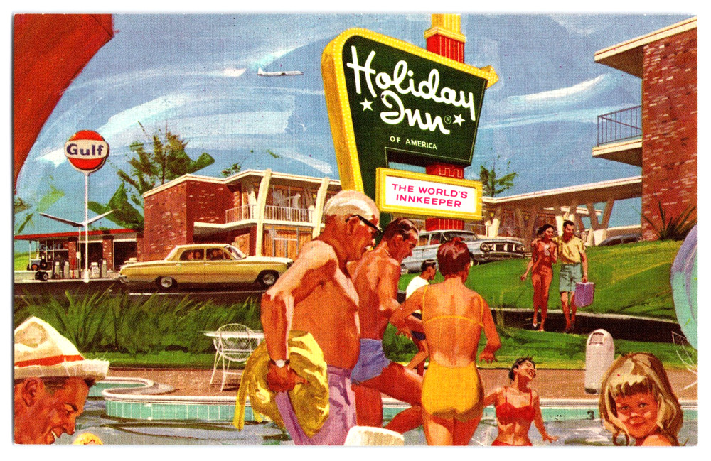 Holiday Inn Of America Hotel People Swimming Pool Cars Gulf Gas Vintage Postcard