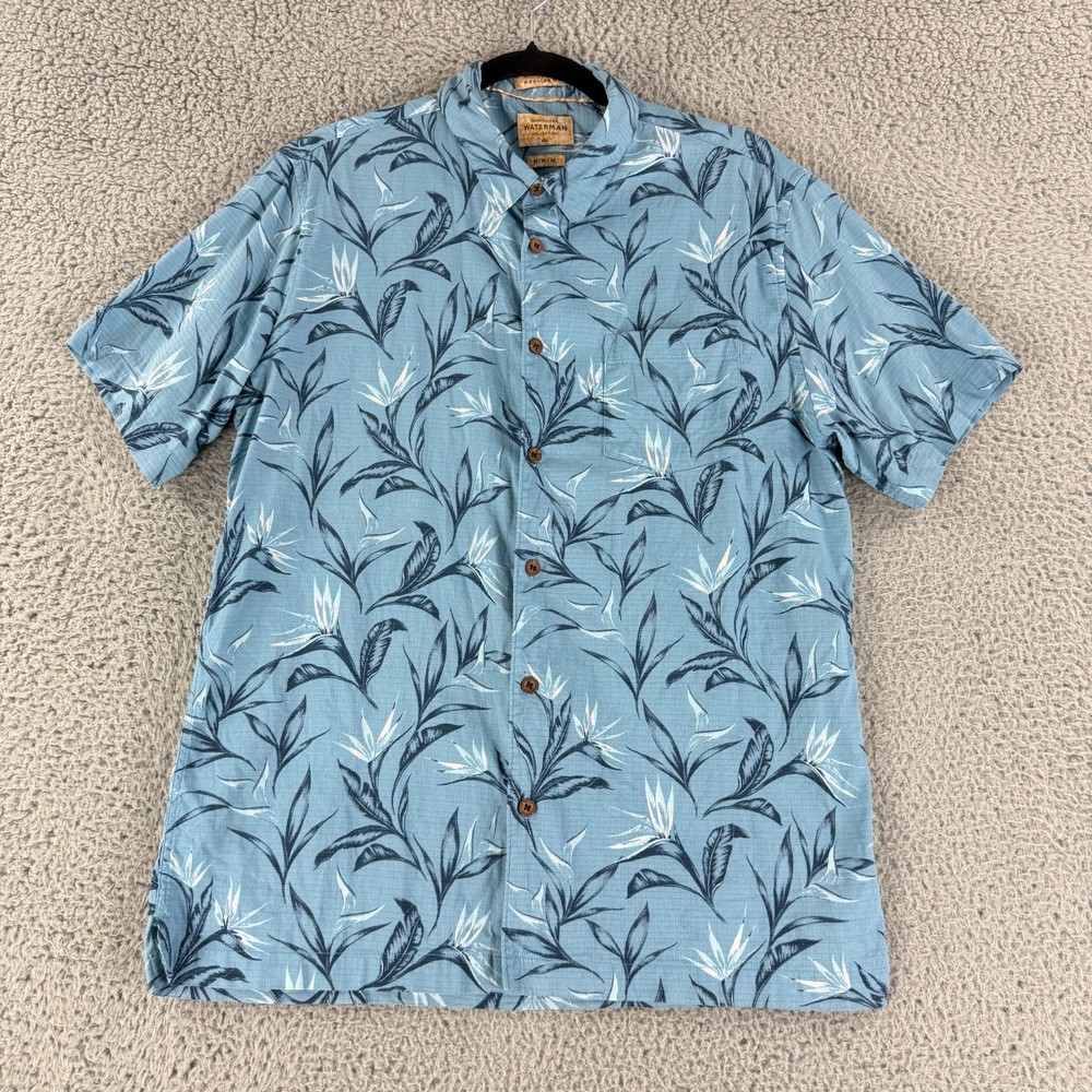 Quiksilver Waterman Maze Day Button Up Shirt Mens Medium Blue Aloha Short Sleeve