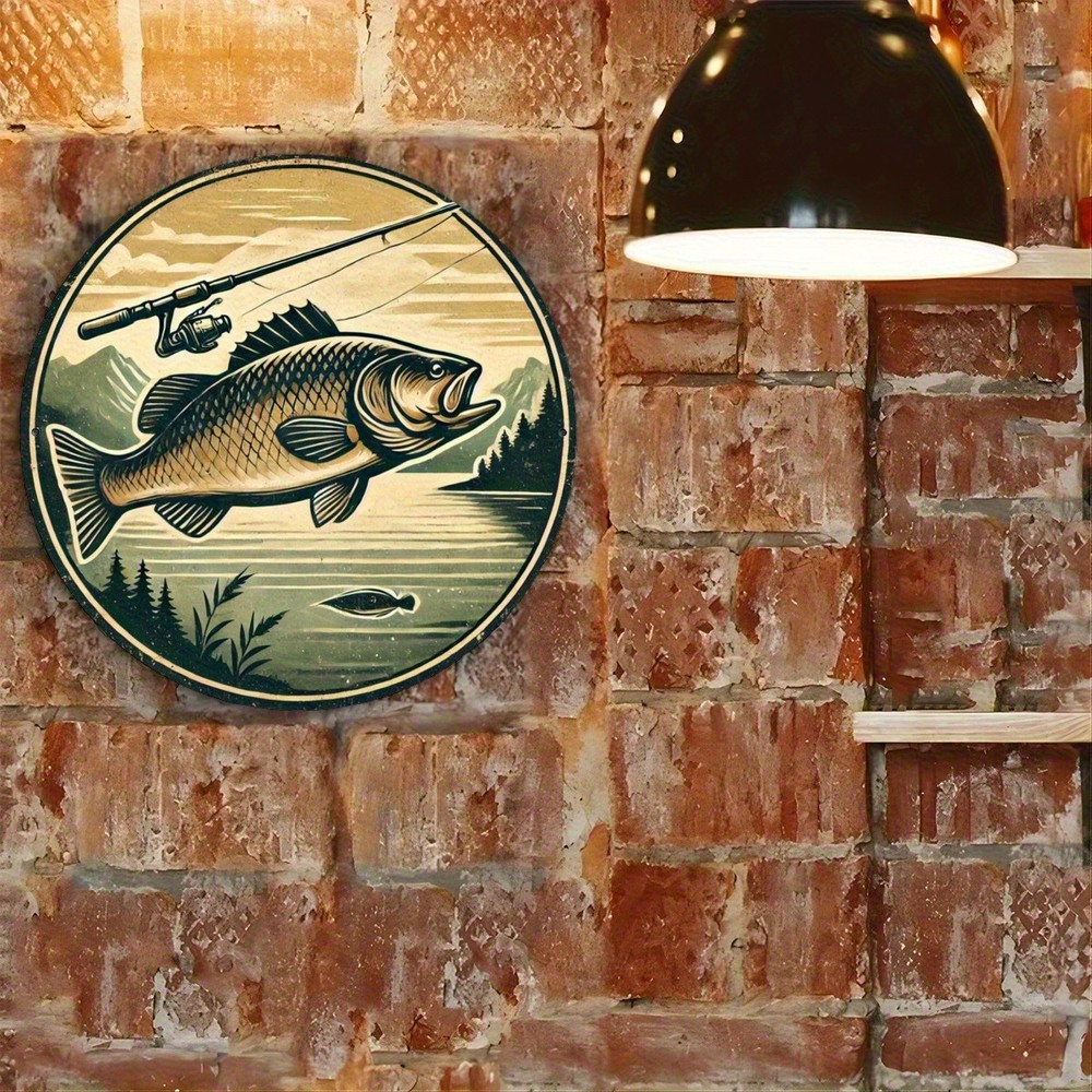 Retro Fishing Theme Round Aluminum Sign 8X8Inch Waterproof