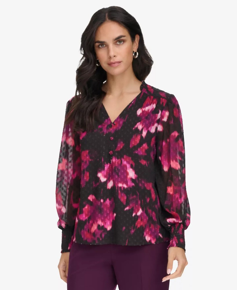 Calvin Klein Women's Top Sz XS Printed V-Neck Long-Sleeve Blouse