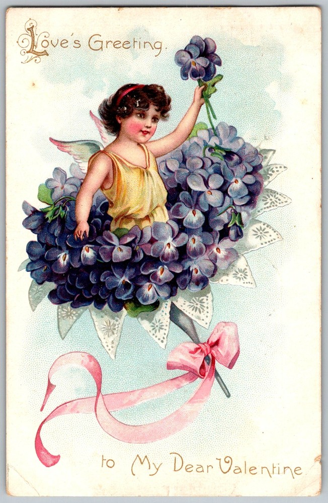 Antique Postcard Valentine Cherub Violets Sparta, IL 1900s