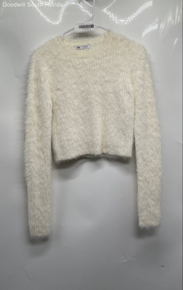 Zara Womens White Long Sleeve Knitted Pullover Sweater Size Medium