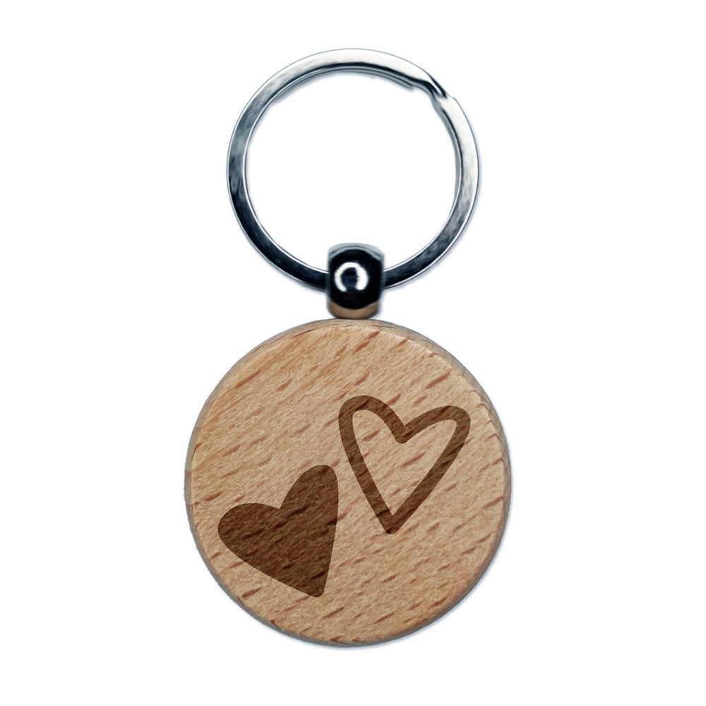 Pair of Hearts Love Engraved Wood Round Keychain Tag Charm