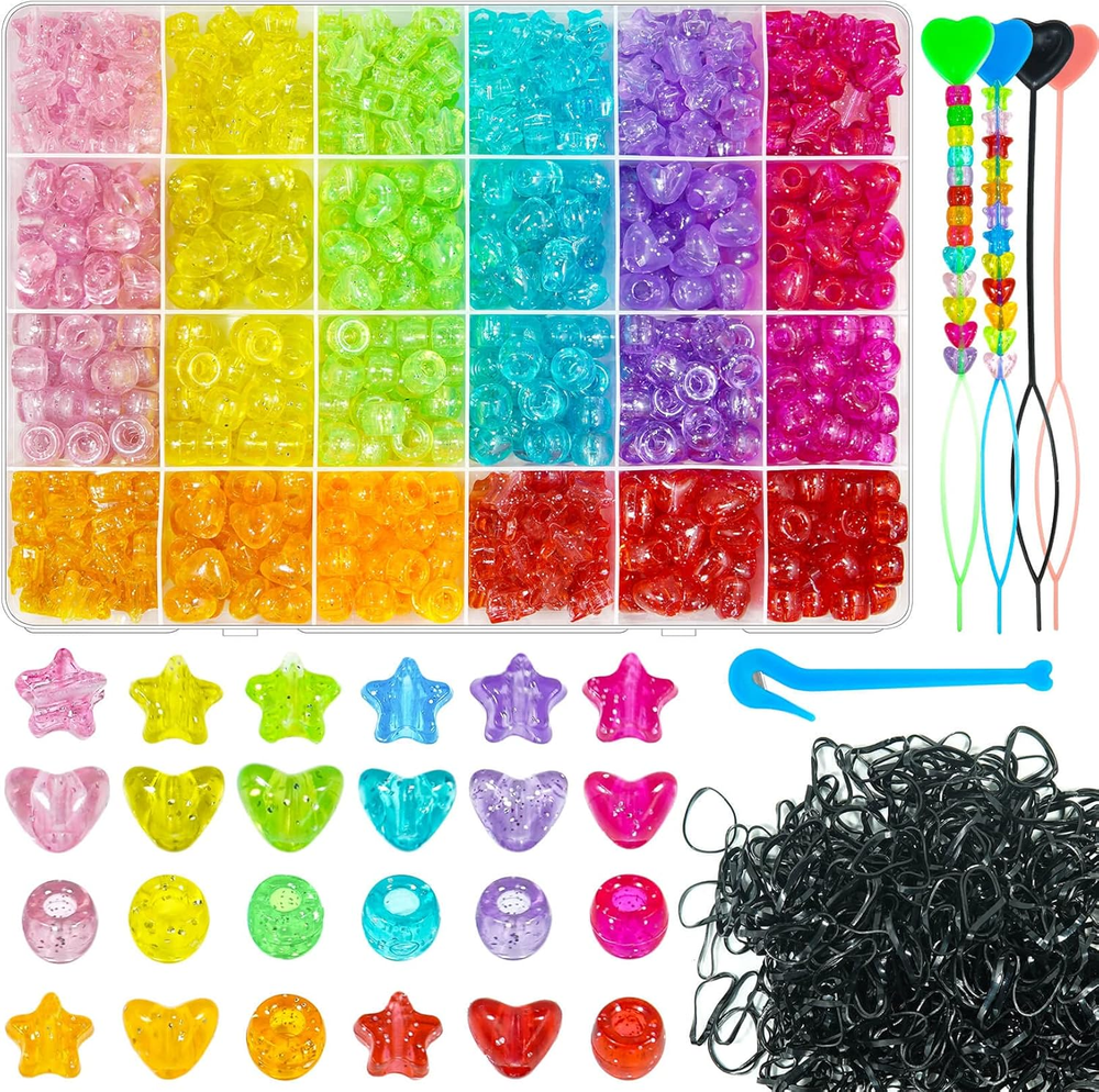 1680Pcs Large Hole Pony Beads for Braiding - Acrylic Star Heart Glitter Sparkle Hair Beads