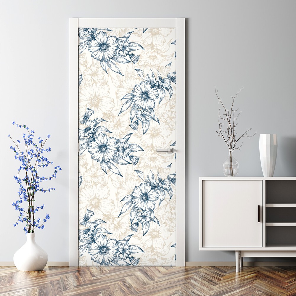 Floral Bubble Free Door sticker blue and golden Decal Decor wall art
