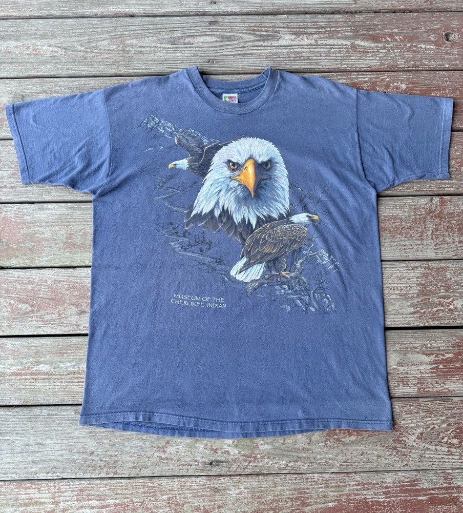 Vintage Bald Eagle T-Shirt Mens 2XL Blue 90s Museum Of The Cherokee Indian