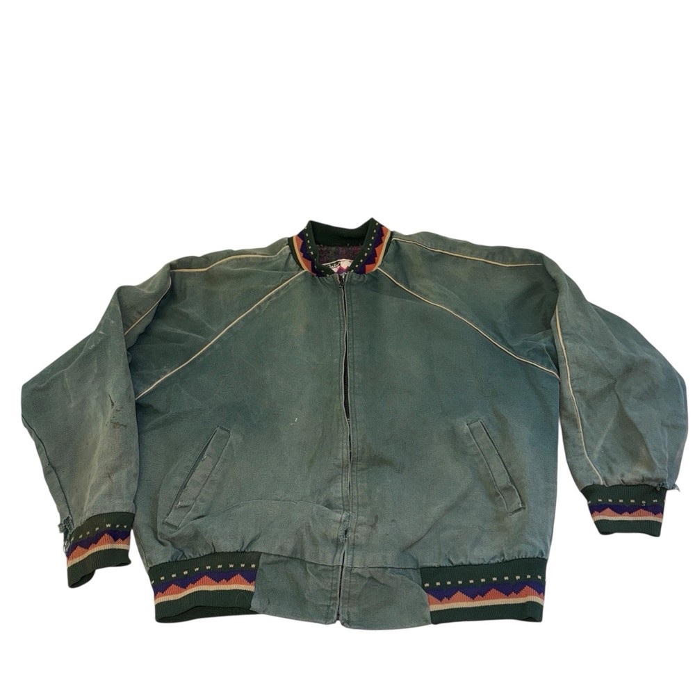Walls Mountain Navajo Aztec Distressed Bomber Jacket Green Canvas USA Mens M