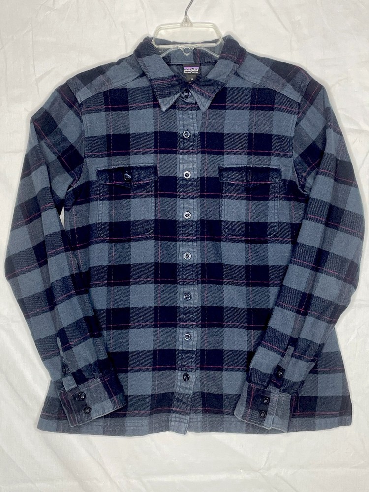 Patagonia Womens Size 10 Blue Plaid Flannel Shirt for Hiking Camping Outdoors