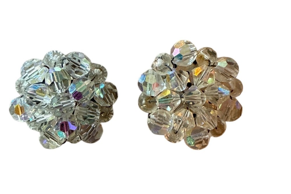 Vintage Aurora Borealis Crystal Cluster Clip-On Earrings