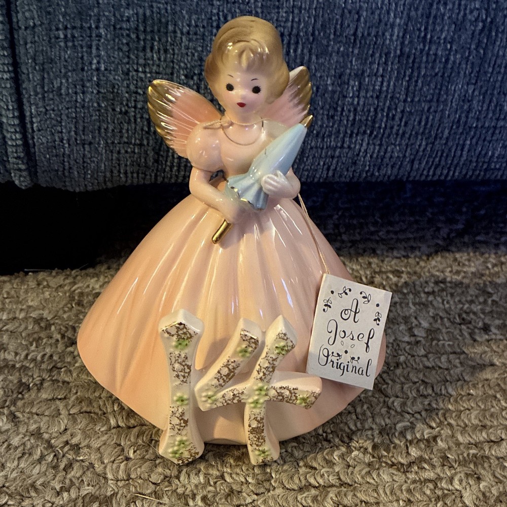 Josef Ceramic Hand Painted Angel Figurine Pink/Gold, Japan, 
