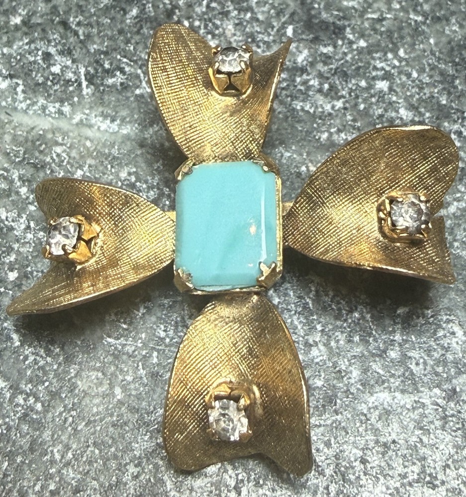 Vintage FREIRICH Gold Tone and Faux Turquoise and Clear Stone Cross Pin