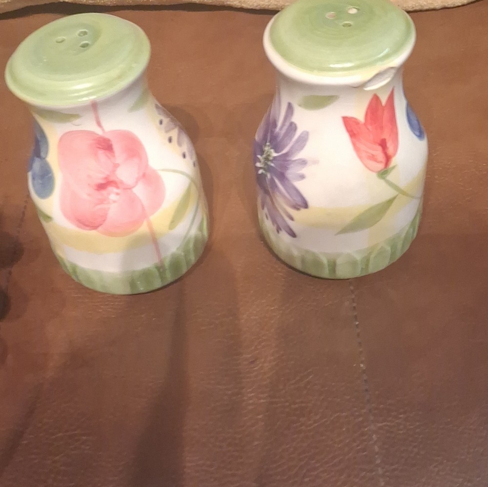 Hand Painted Ceramic Floral Salt & Pepper Shakers Set of 2, Green Tops