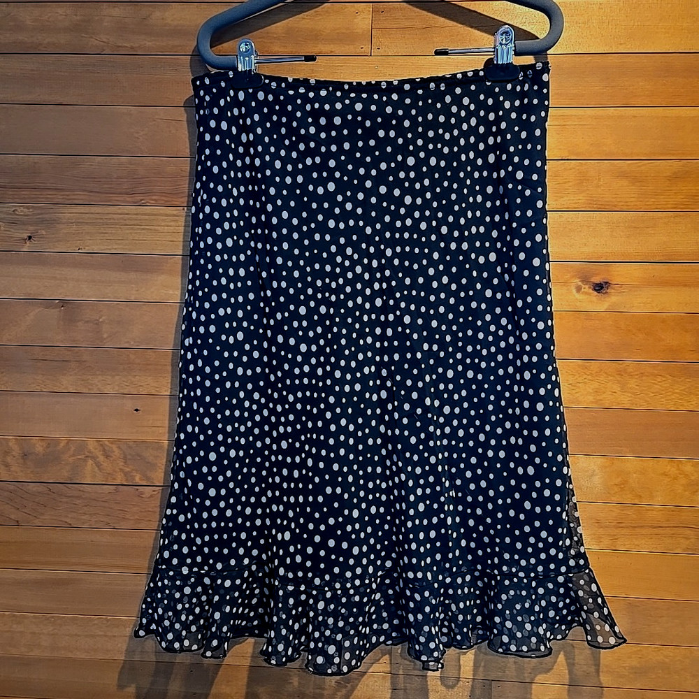 Vintage Polka Dot Pencil Skirt Black White Ruffle Womens 10 Midi Wrapper Office