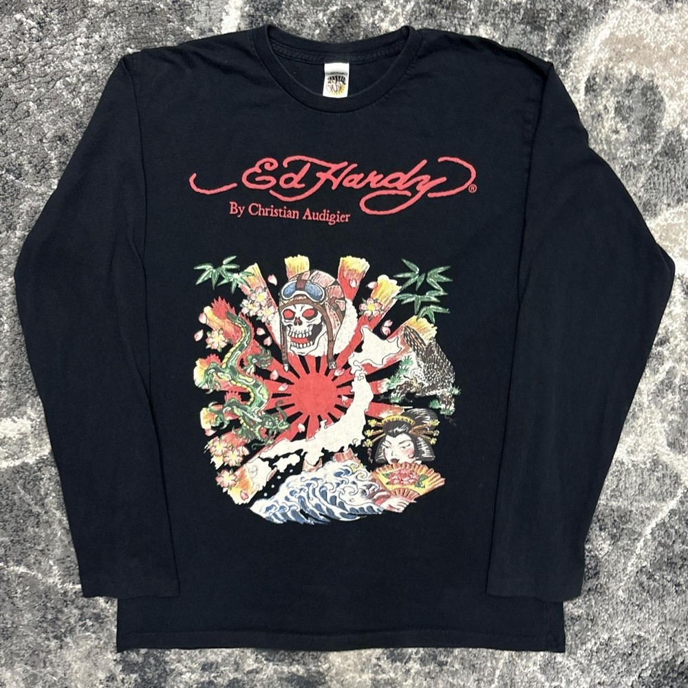 Ed Hardy Shirt Mens Large Y2K Vintage Christian Audigier Tattoo Art 2000s Black