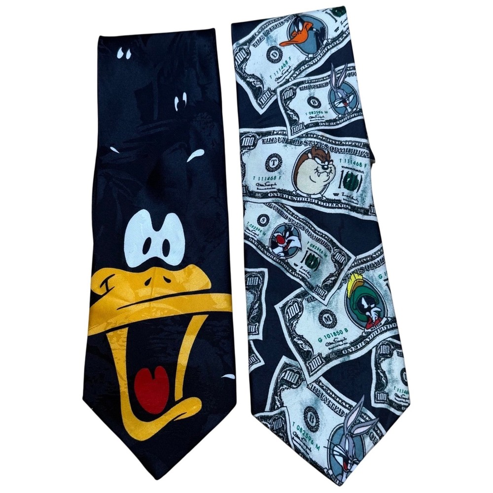 Looney Tunes Mania Daffy Duck & Money Taz Bugs Sylvester Neckties Lot of 2 Vtg