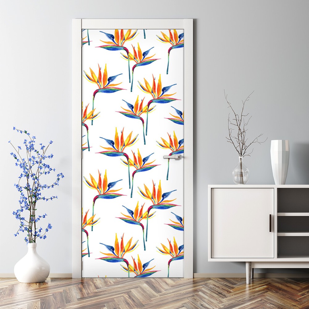 Colorful Repositionable Bird Paradise Watercolor Door Decal