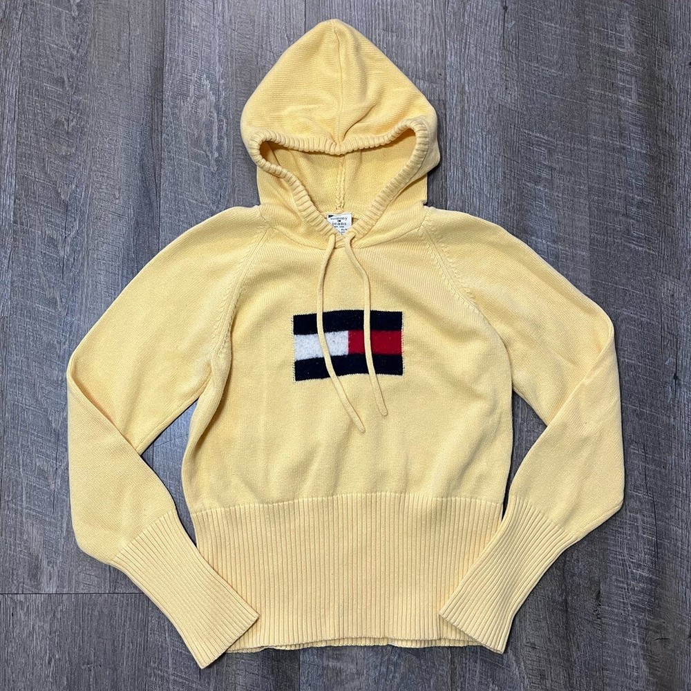 Vintage Y2K Tommy Hilfiger Flag Patch Yellow Knit Pullover Hoodie Womens Size M