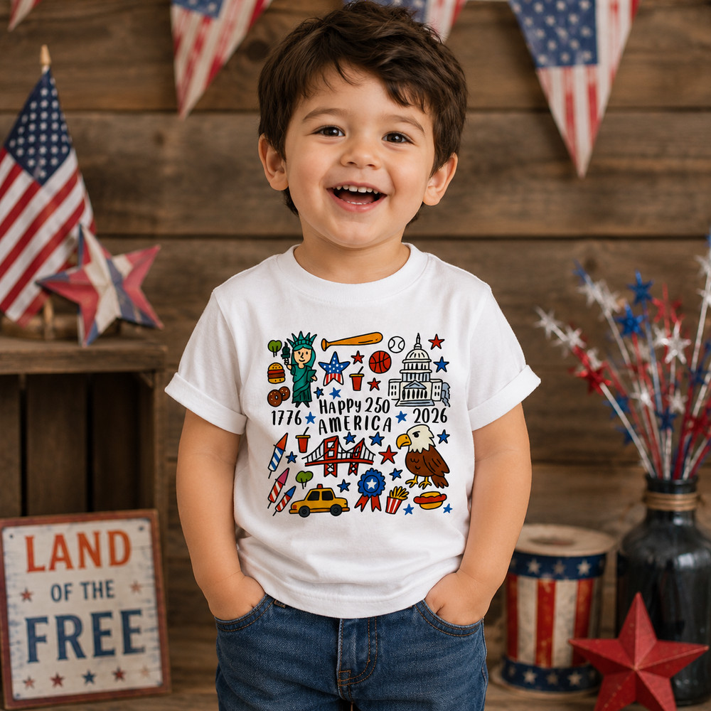 Happy 250 Years Anniversary Kids T-Shirt, 1776-2026 USA Patriotic Tee.