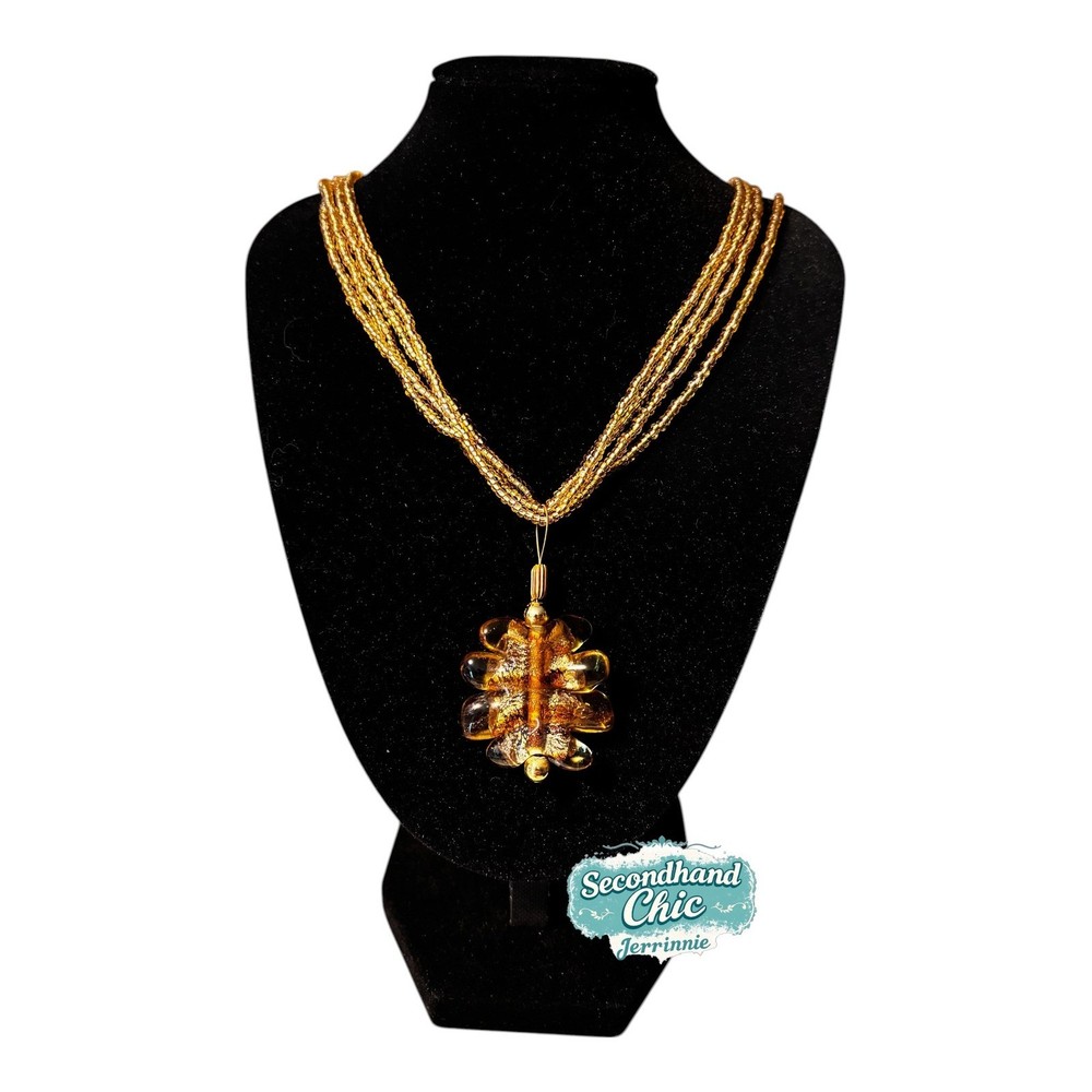 Vintage Murano Style Art Glass Leaf Pendant Necklace Multi Strand Gold Seed Bead