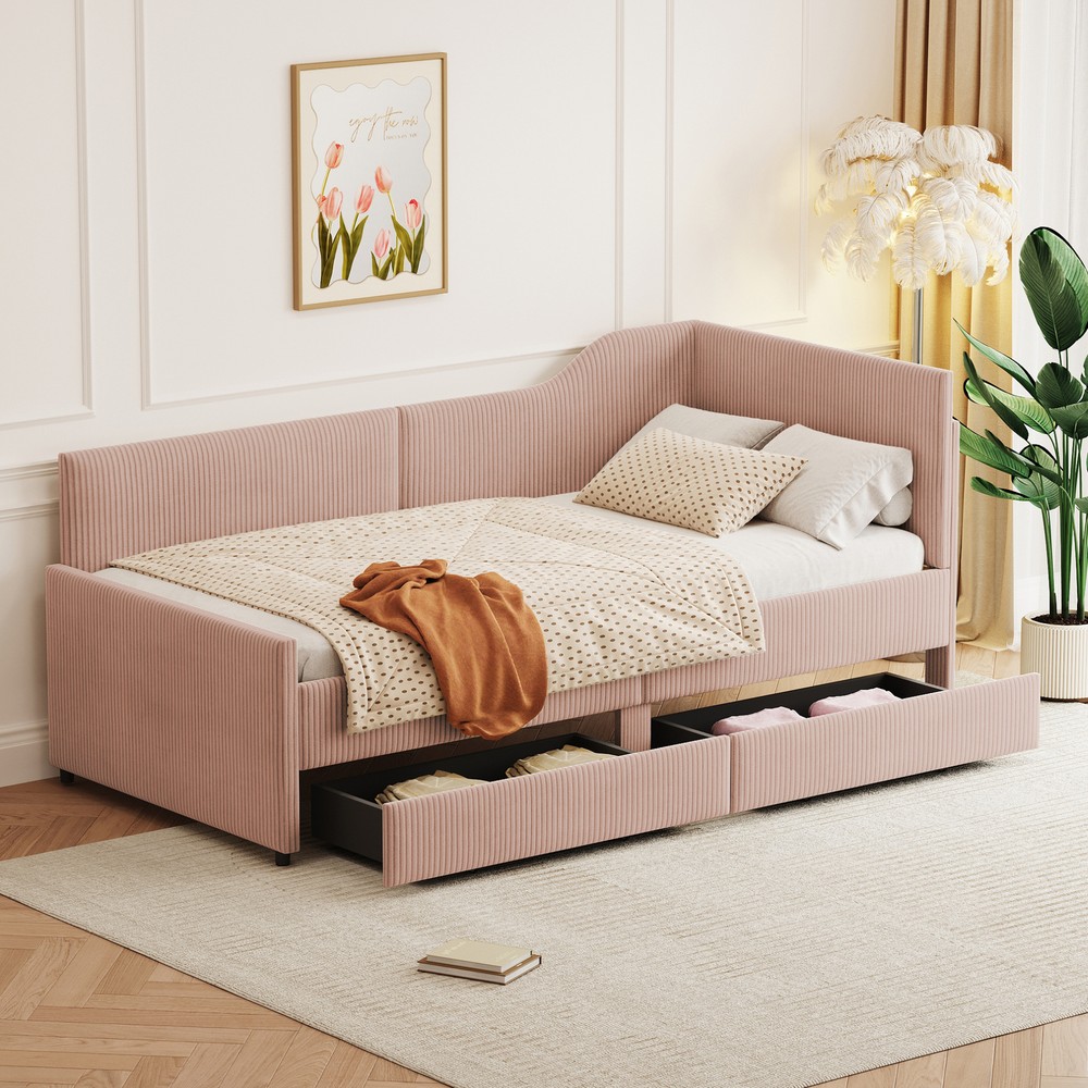Twin L-Shaped Corduroy Upholstered Daybed with 2 Storage Drawers