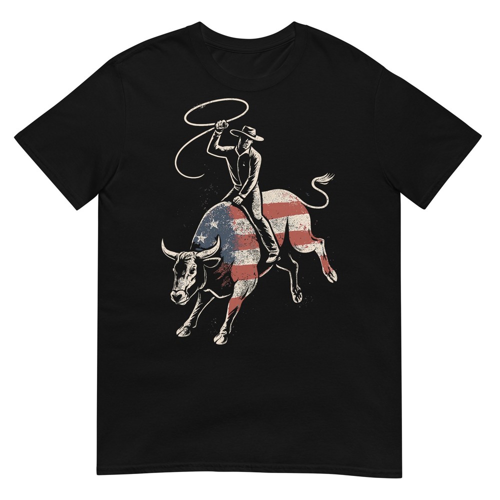 American Rodeo Bull Rider USA Flag Patriotic Western Cowboy T-Shirt