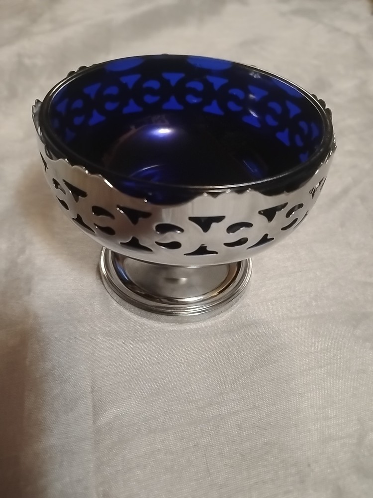 Vintage Cobalt Blue Pressed Glass Bowl w/ Silver Stand ~ England