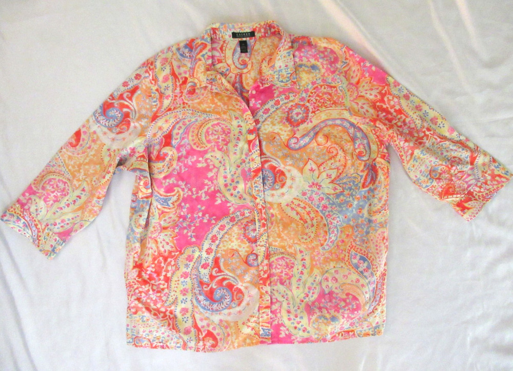 LAUREN RALPH Multi pink Paisley Print Cotton Button Front Shirt Size 3X womens