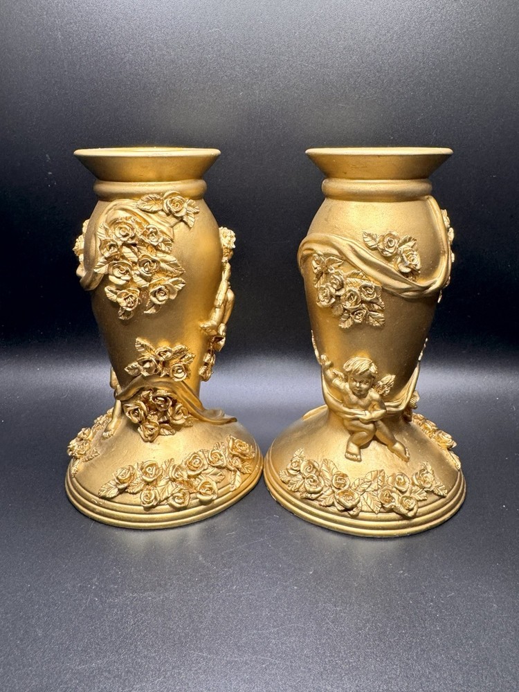 Gold Gilt Roses Cherub Candle Stick holders Chalk Ware/Plaster?  Art Nouveau VTG