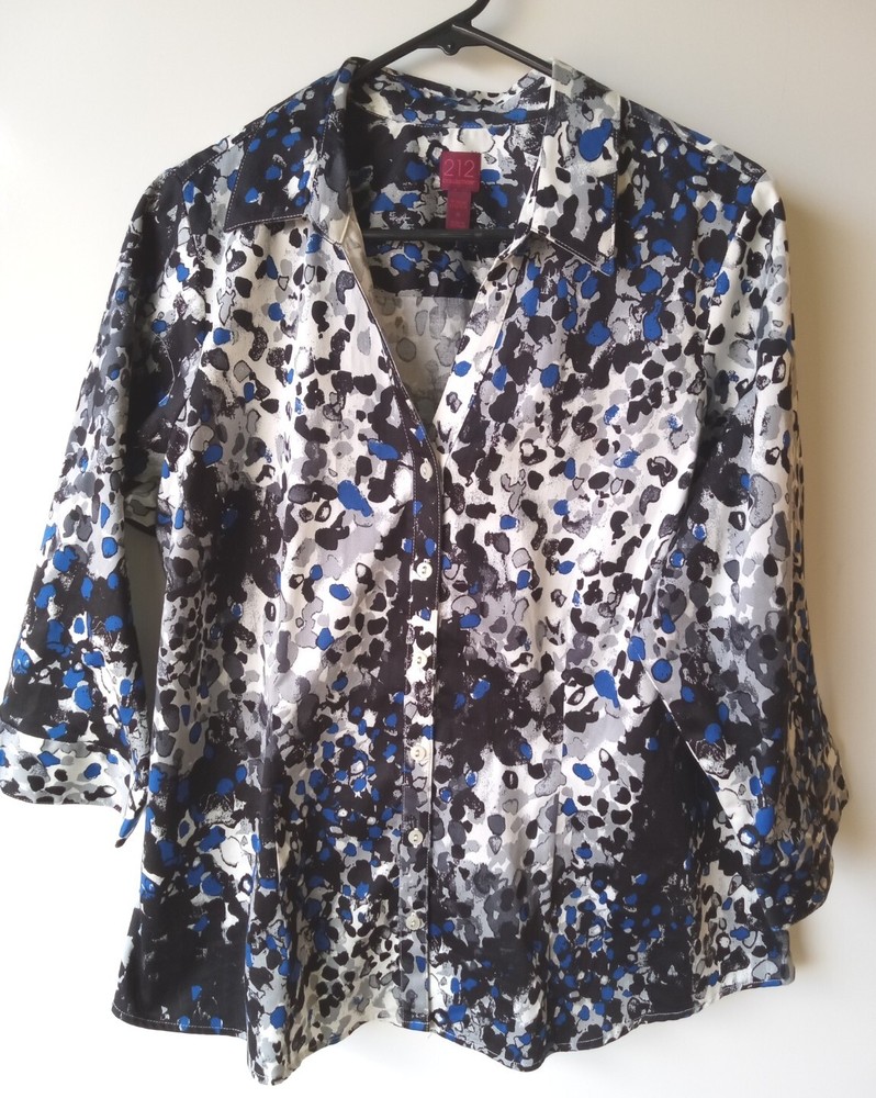 212 Collection Blue Black Long Sleeve Women's Button front Blouse 1X