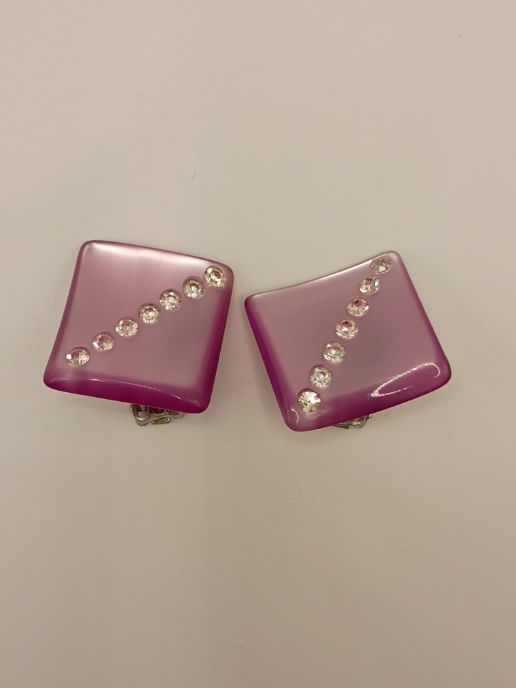 Vintage Lavender Square Clip On Earrings Rhinestone Accent
