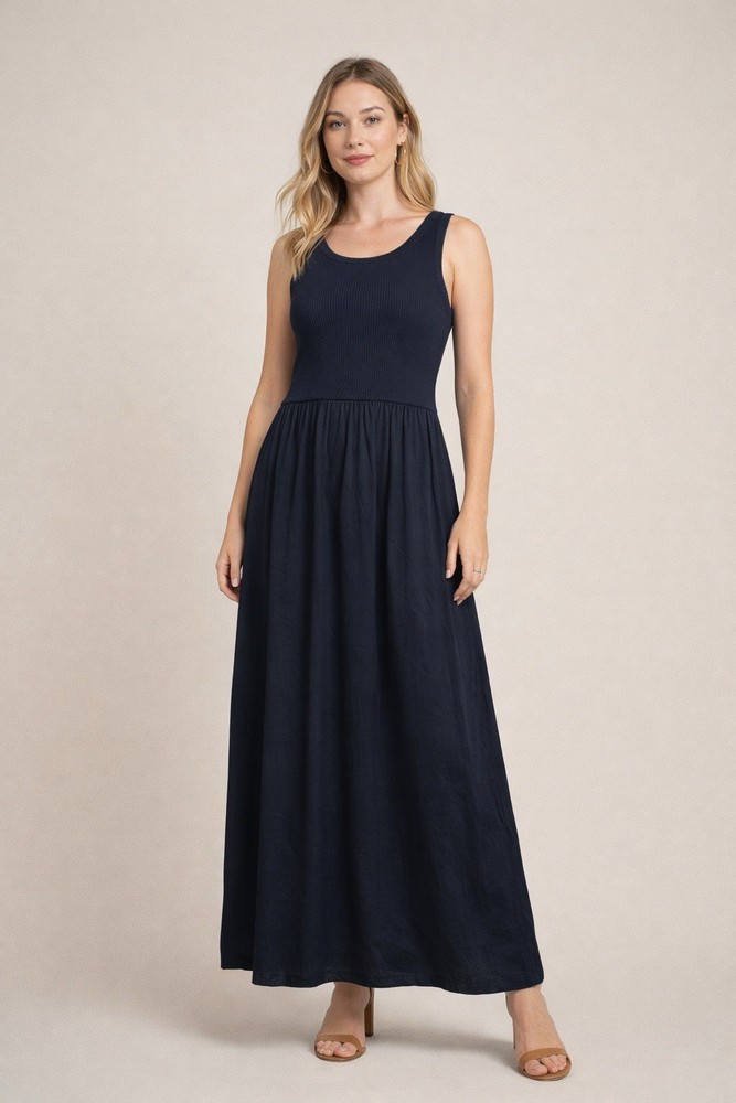 Moon River Sleeveless Maxi Dress Navy Ribbed Bodice Flowy Skirt Size L