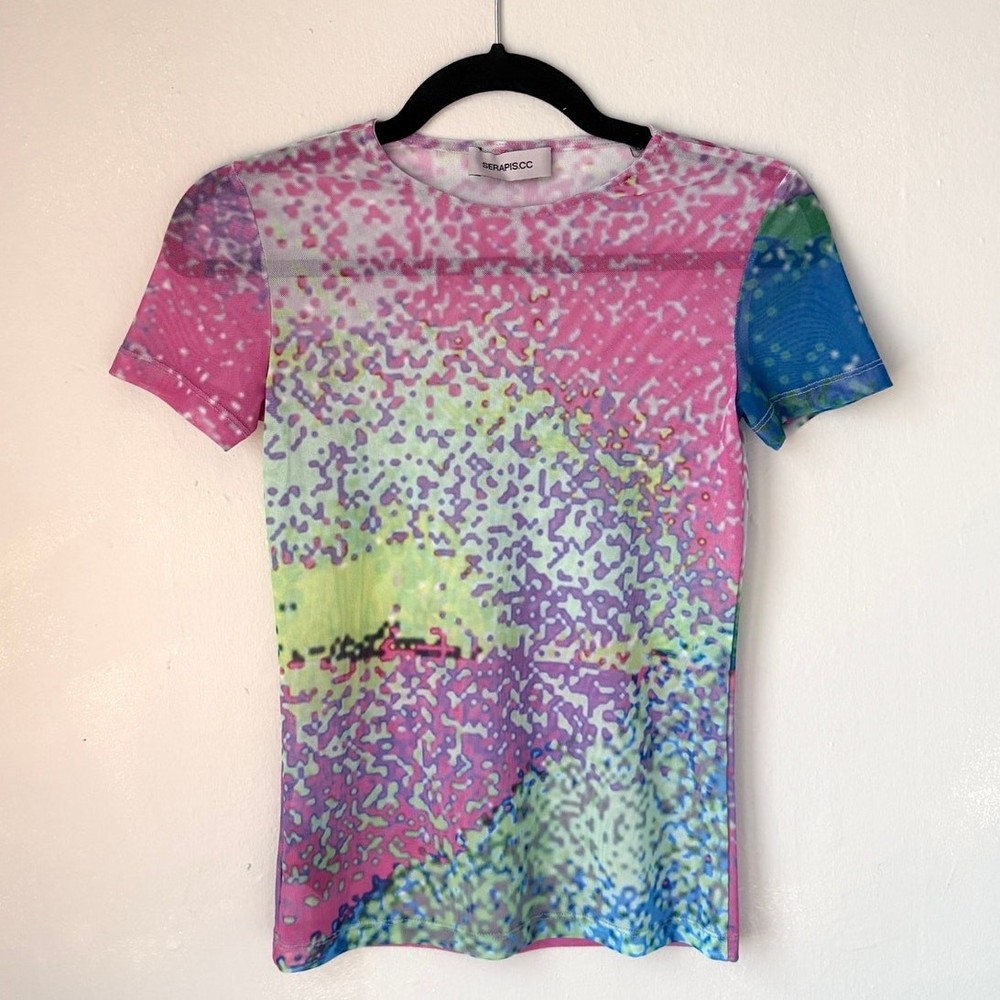 Serapis Mesh Graphic Tee | Abstract Y2K Print | Sheer Stretch Top | S/XS-image
