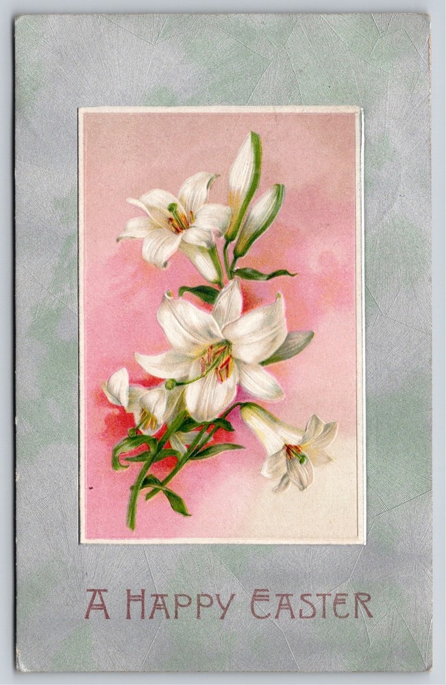 Winsch~A Happy Easter~Lily Flowers In Frame~Postmarked~Emb~Vintage Postcard