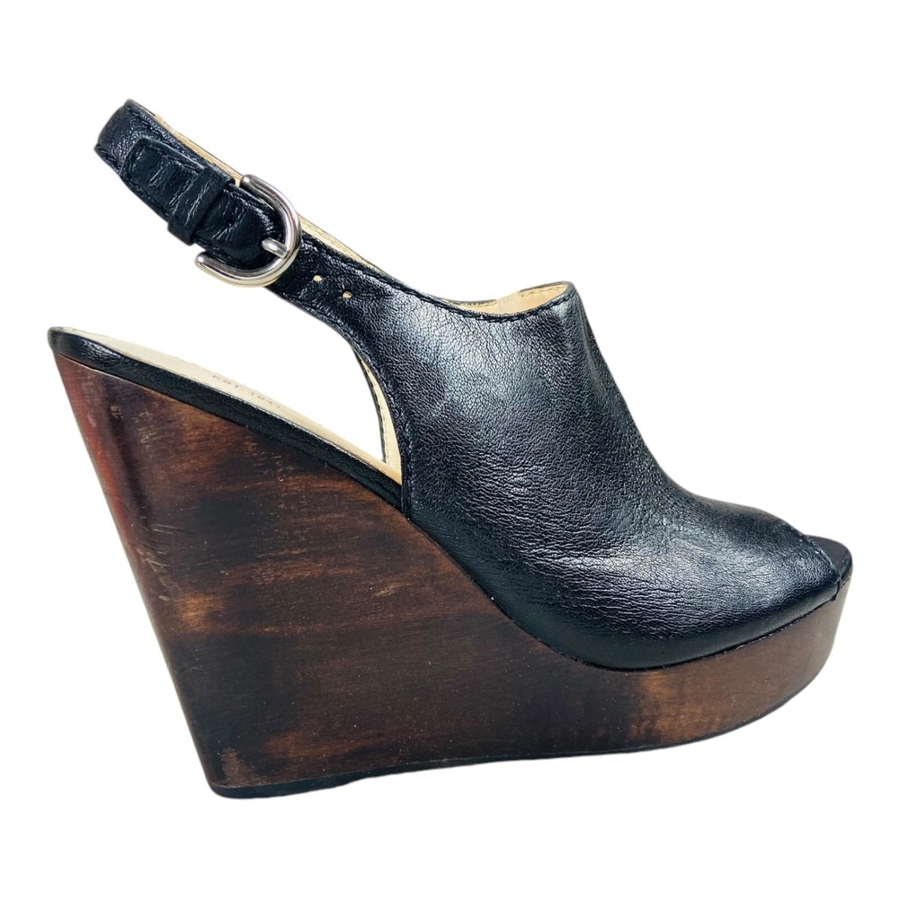 Coach Black Jade Platform Slingback Sandals with Vintage Wooden Heel Size 8B