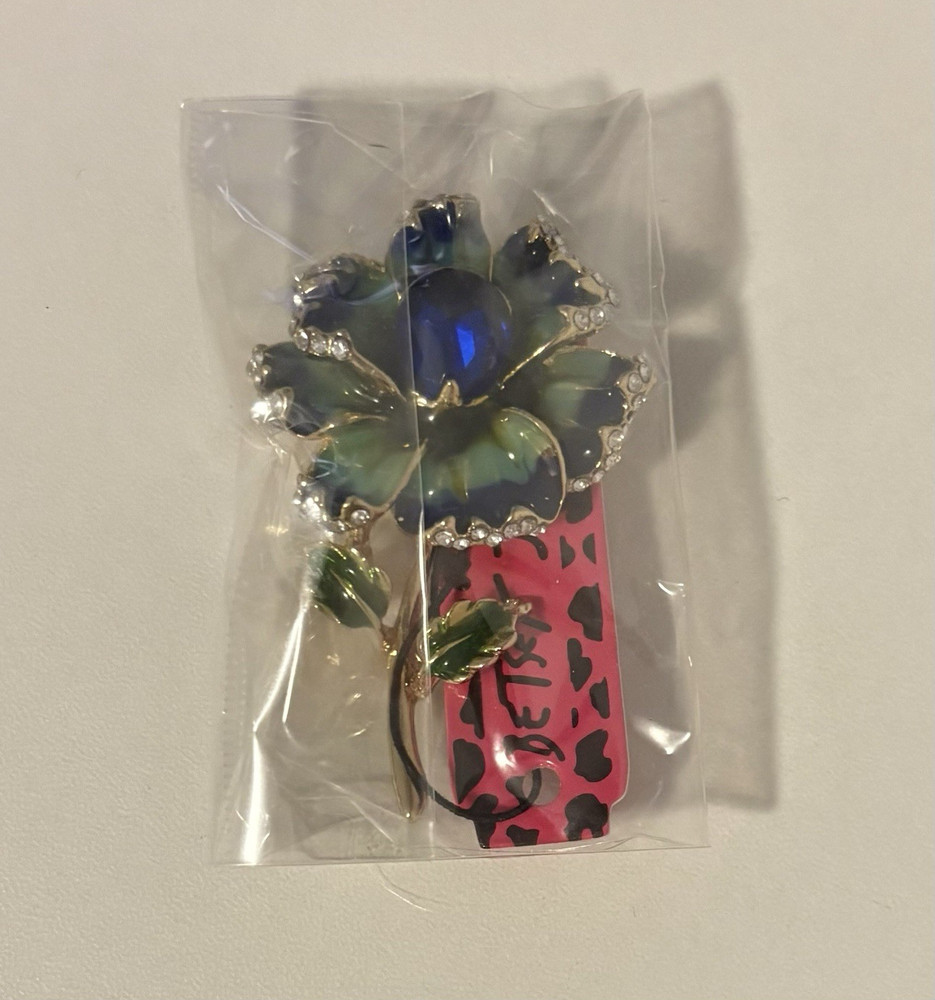 Flower Brooch Pin Blue Green Enamel Silver Tone Clear Round Rhinestones