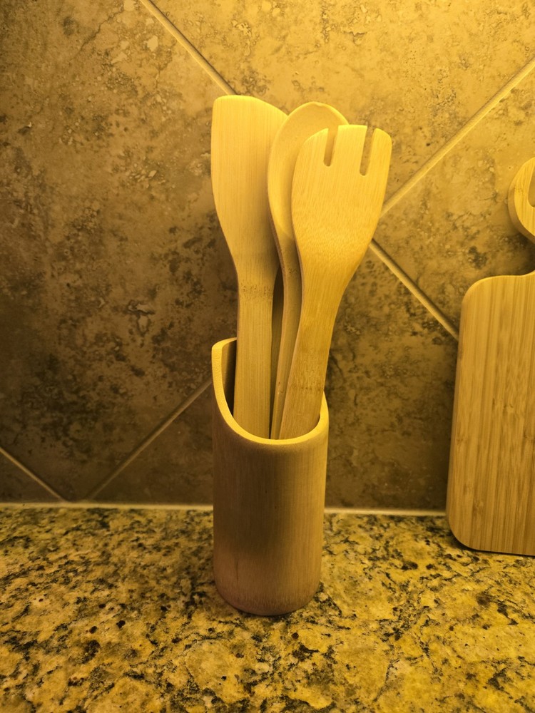 4-Piece Bamboo Wooden Kitchen Utensils & Holder Spatula Spoons Set Cooking Tools